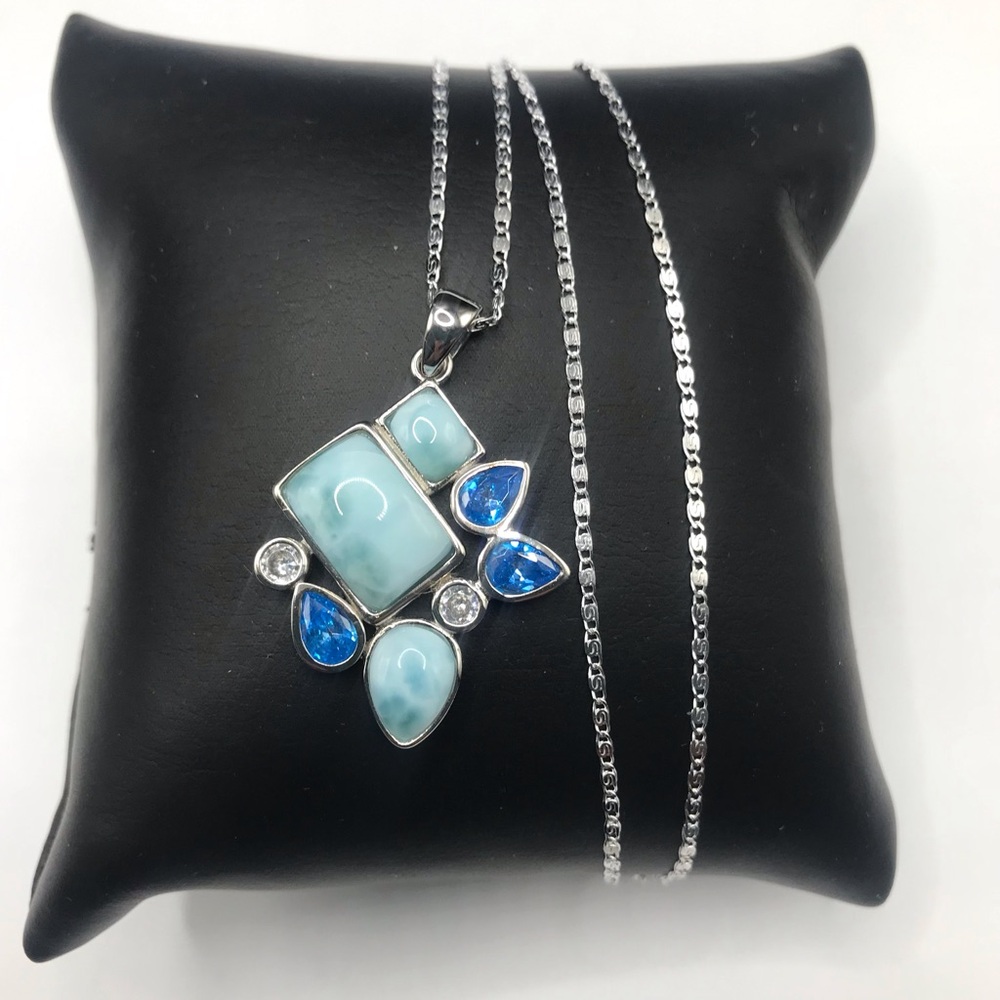 925 Sterling Silver Larimar / CZ Abstract Mosaic Pendant Necklace  Size 18”